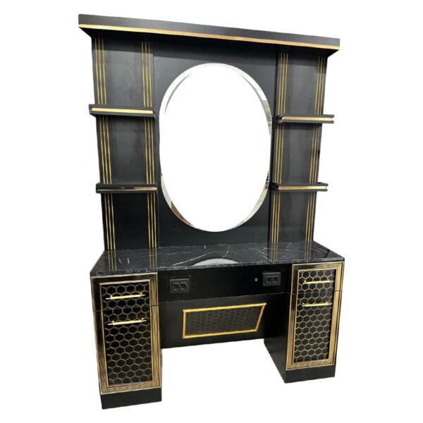 Cosmo Handel MS-19 Schwarze & Goldene Ovale Spiegelstation mit Marmorplatte