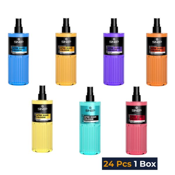 SINEP After Shave Cologne 400 ml – 7 Düfte MIX Karton (Amber, Aqua, Dream, Flame, Gold, Lemon, Turquoise) – 24 Stück