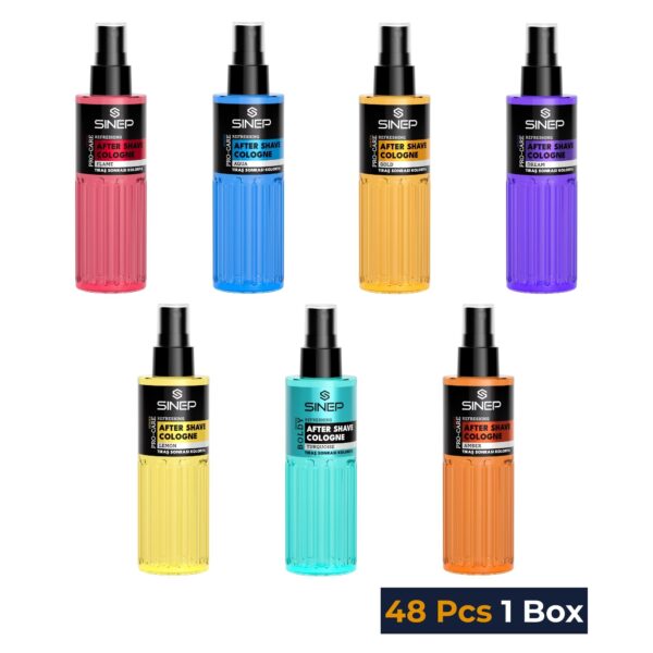 SINEP After Shave Cologne 150 ml – 7 Düfte MIX Karton (Amber, Aqua, Dream, Flame, Gold, Lemon, Turquoise) – 48 Stück